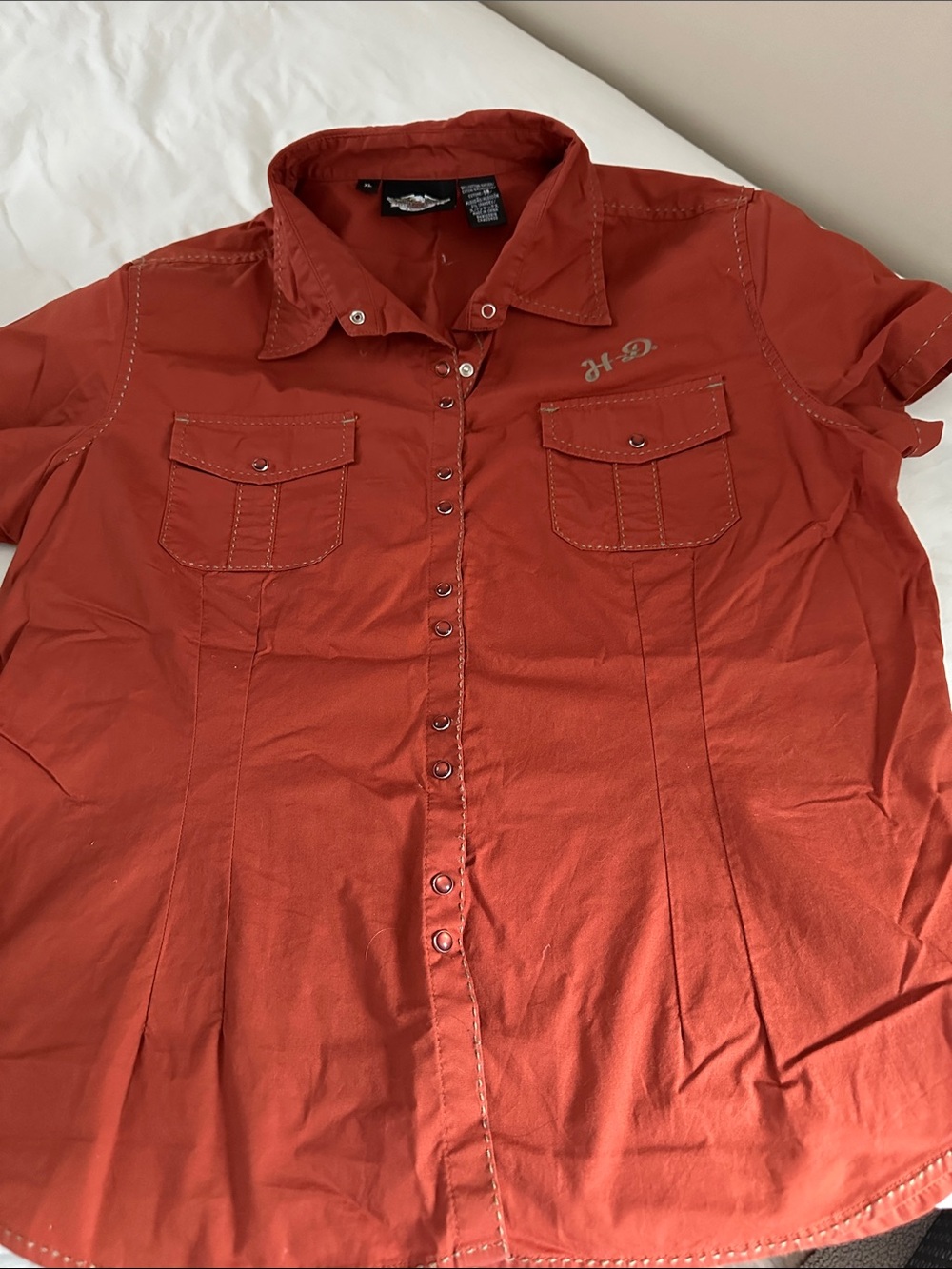 Harley‑Davidson Women's Short‑Sleeve Button Front Blouse in Rust